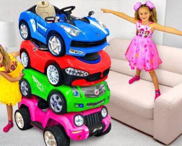 Sasha and Twins Ride on Magic Toy cars an turn each other in Little Kids