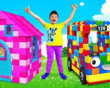 Max and Sasha plays with Colored Toy Blocks Buses and Playhouses